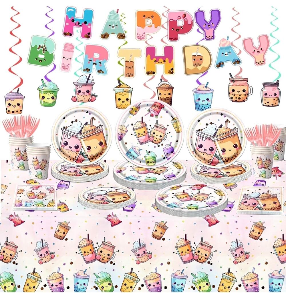Boba Tea Party Birthday Decoration Tableware Set of Cups Napkins Plates Utensils